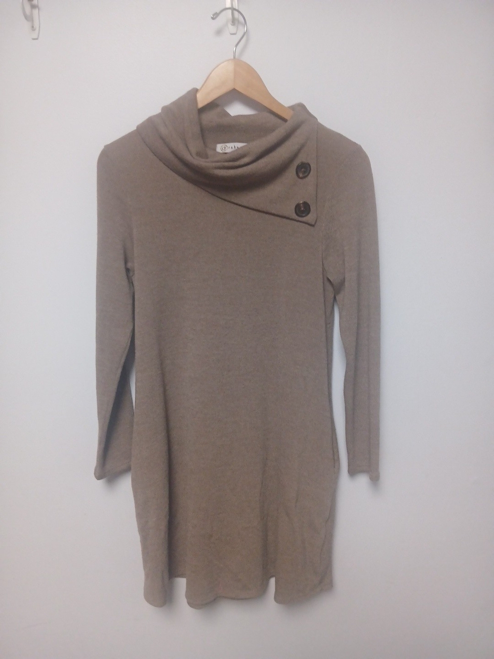 Cozy Taupe Button-Neck Sweater Dress w Pockets
